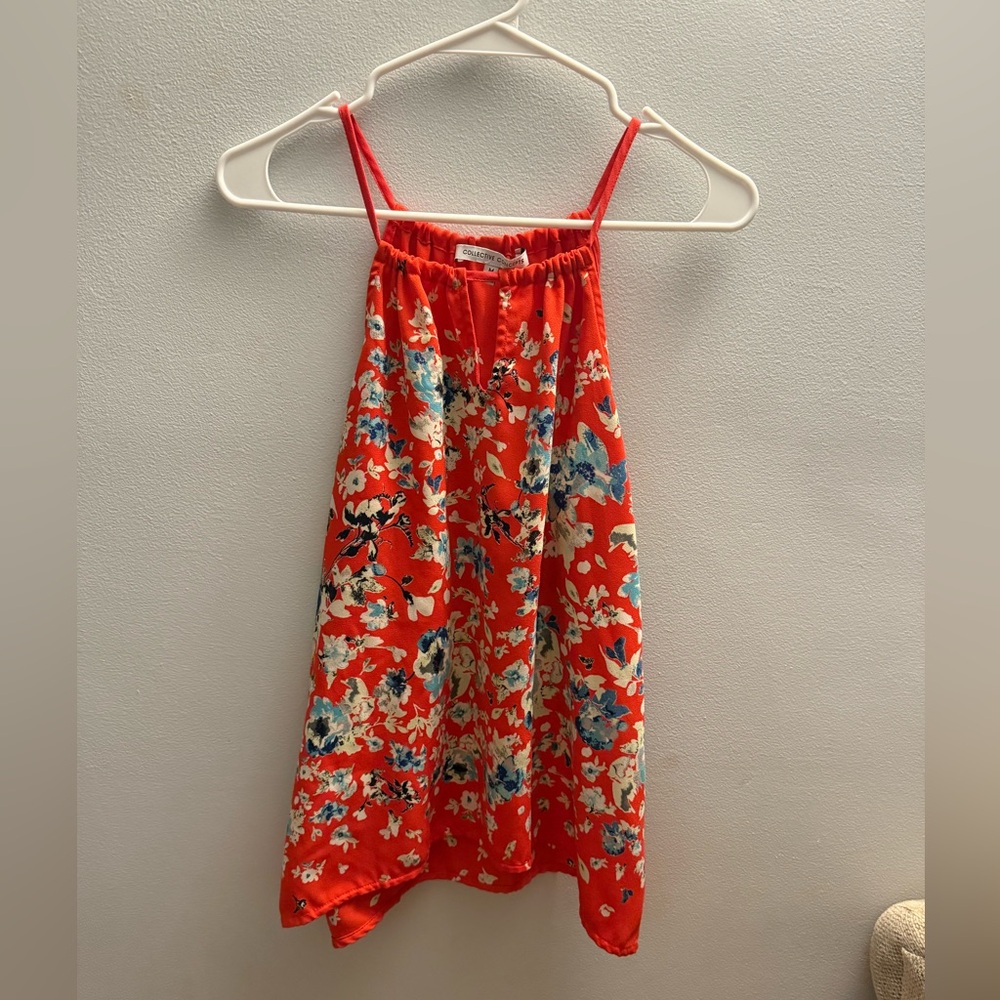 Collective Concepts Women’s Medium Keyhole Halter Top Red Orange Floral Blouse